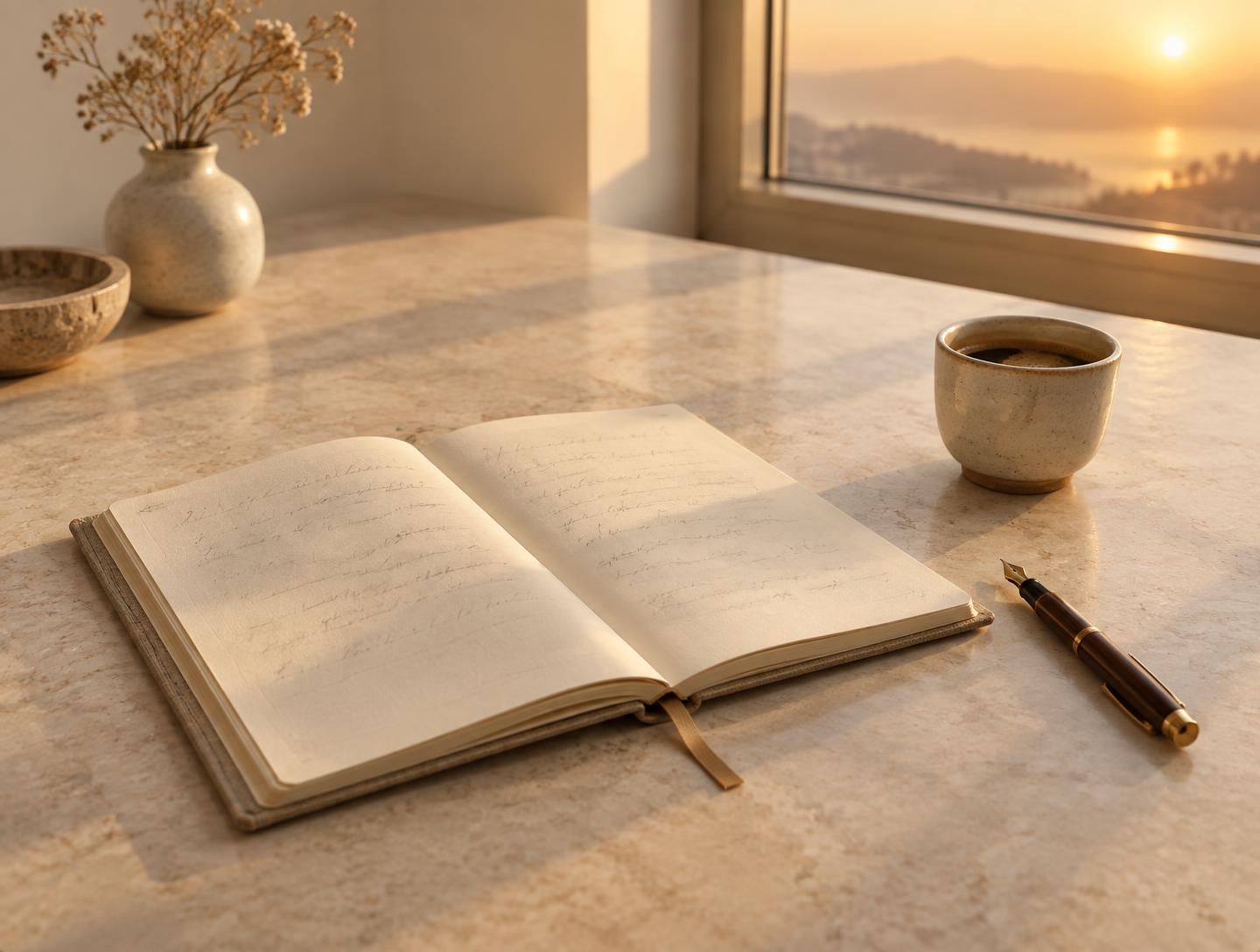 Open reflection journal, coffee and warm sunrise
